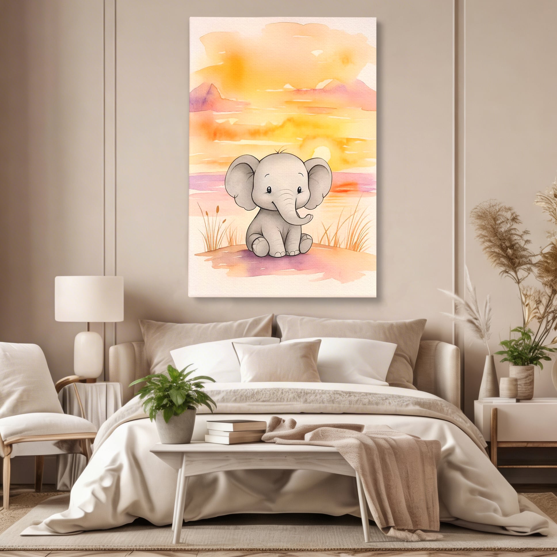 Tablou canvas cu tablou canvas cu un elefantel acuarela, fara rama, pe sasiu de lemn, pe perete intr-un dormitor